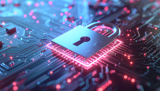 Futuristic Cybersecurity Concept with Digital Padlock on Glowing Circuit Board Network
