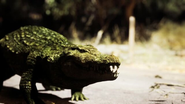 Frontal approach crocodile showing teeth, low stance and forward gaze, stubbled vegetation background, high tension framing for dramatic nature editorial.