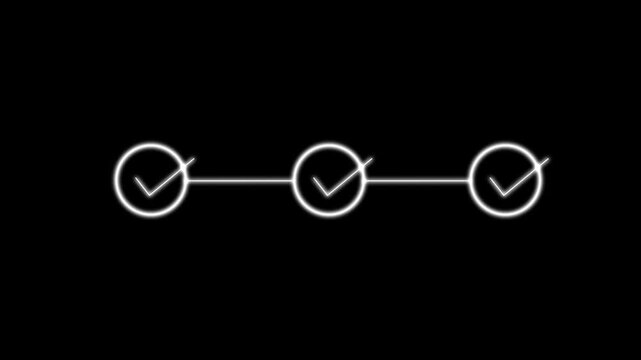 abstract 3 step infographic process with check mark icon animation. Step-by-step process icon animation on black background, process success with check marks.