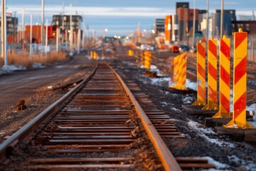 Abandoned Railway Yard with Caution Barricades During Maintenance at Dusk