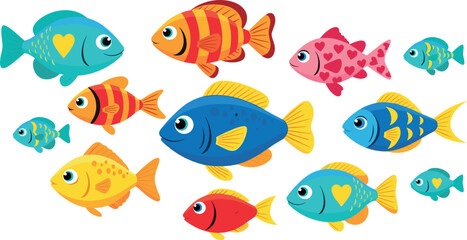 Colorful tropical fish vector set with cute aquarium sea fish cartoon marine life illustration collection