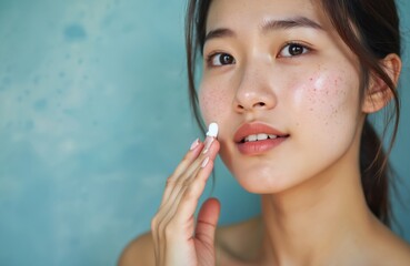 Fototapeta premium Asian woman with acne applies cream to face. Young girl with blemishes uses treatment for skin care. Female treats pimples for healthy complexion. She cares about her skin.