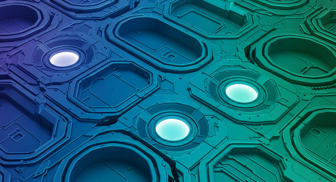 Abstract blue and green pattern with round light. It represents technological advancement or modern aesthetic, suitable for science and innovation concepts