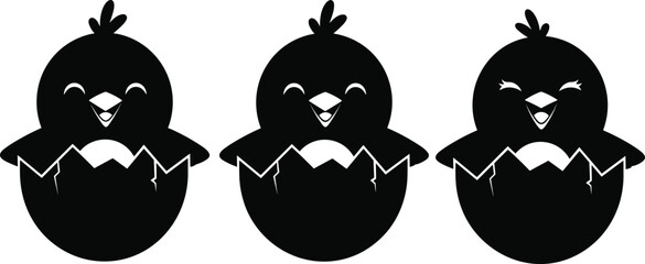 Cute baby chick hatching from egg silhouette set, cartoon chicken vector illustration collection, adorable newborn bird icons isolated on light background for nursery design