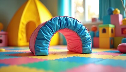 Fototapeta premium Indoor playroom with soft tunnel and bright toys. Colorful floor mats, yellow tent, and building blocks offer fun physical activity for young children and toddlers.