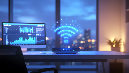 Fototapeta premium Futuristic Home WiFi Router with Glowing Holographic Wireless Signal in Modern Smart Workspace