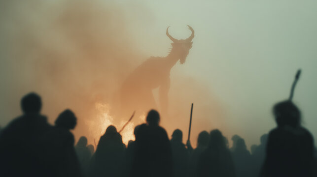 Mysterious Pagan Ritual with Giant Horned Effigy and Fire. Silhouetted crowd watching a burning sacrifice or mystical festival for folklore and occult themes.