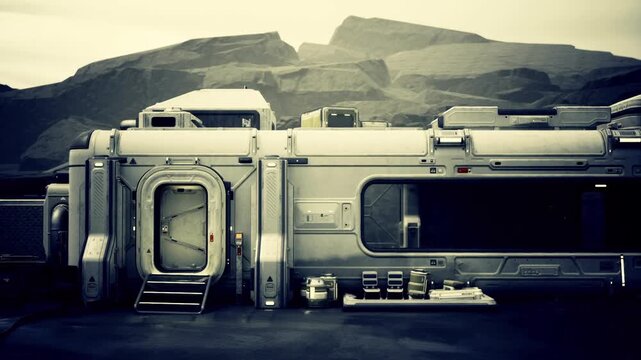 Maintenance access hatch to life support module, exposed conduits and service panels, valves and toolcases staged for inspection, industrial mood of operational