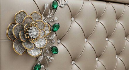 Fototapeta premium Close-up of upholstered headboard with flower detail and gemstone accent, showcasing elegance and luxury, representing refinement, affluence and high-end design