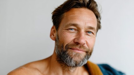 Fototapeta premium A charming middle-aged man with a beard and sparkling blue eyes smiles warmly, radiating positivity, self-confidence, and an inviting aura, showcasing happiness and approachability.