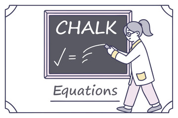 Naklejka premium Female instructor writing CHALK and mathematical equations on a classic blackboard