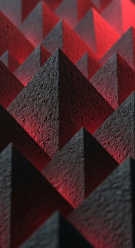 Abstract textured pyramid arrangement with red lighting, creating a geometrical and intriguing visual, potentially representing strength and foundation