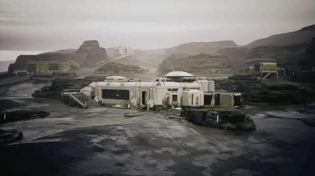 Forward operations base with surveillance arrays, armorplated modules, perimeter lighting, sensor masts, defensive barriers, patrol drones, tactical command