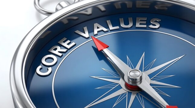 Core Values Compass Interface Highlighting Integrity, Leadership, and Corporate Principles Symbolizing Organizational Ethics, Strategic Direction, and Professional Business Culture