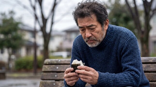 公園のベンチで一人寂しくおにぎりを見つめる、失業した日本人中年男性