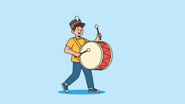 Young boy dressed in a marching band uniform walks forward while enthusiastically playing a large red and white snare drum with drumsticks.