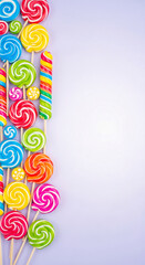 Obraz premium Array of colorful, spiral lollipop candies on wooden sticks, arranged on a pale purple background, symbolizing celebration, childhood joy, and sweetness
