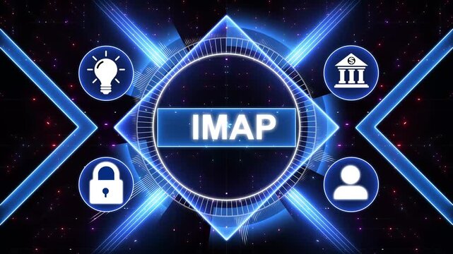 IMAP Internet message access protocol. Modern business technology interface with gears and digital network icons, 4K animation background.