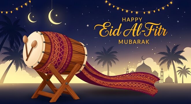 Celebrating eid al-fitr with festive decorations and a joyful camel figure.