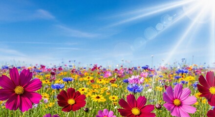 Obraz premium Vibrant Wildflower Meadow Blooming Serene Under Clear Blue Sky with Radiant Sun Rays and Lens Flares