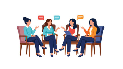Fototapeta premium Group of four women sitting in a circle on armchairs engaged in a discussion with speech bubbles indicating group therapy or a meeting.
