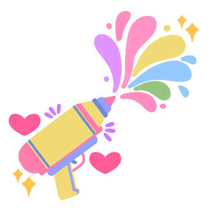Colorful water gun. Vector illustration of toy pistol. Pink, yellow, blue, green, purple colors. Splashes and hearts. White background. Fun and playful design element. Holi festival symbol.