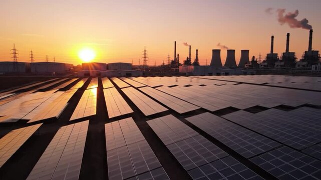 A vibrant sunset illuminates rows of solar panels, contrasting with industrial smokestacks