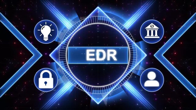 EDR acronym, endpoint detection and response software concept. Business, modern technology, with gears and social media icons 4K animation background.