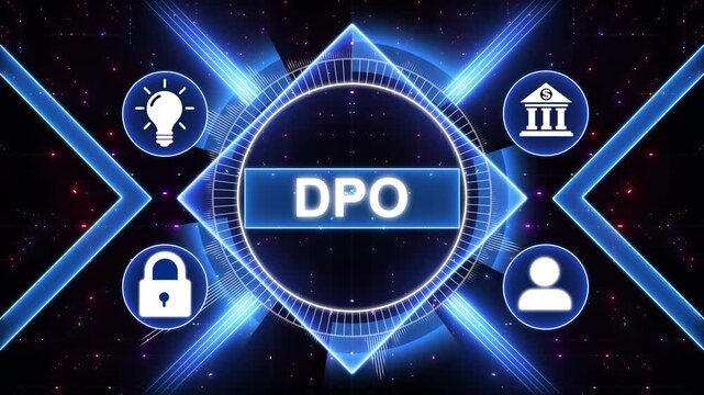 DPO, Data Protection Officer, modern technology, internet and gear with social media icons 4K animation background.