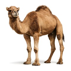 A solitary camel is positioned in front of a white backdrop, highlighting its unique shape and texture.