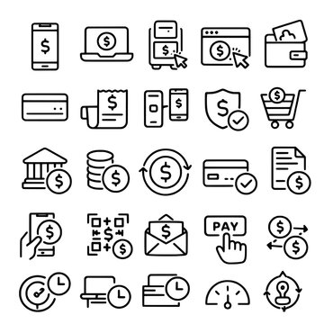 Online Payment and Digital Banking Line Icons Set
