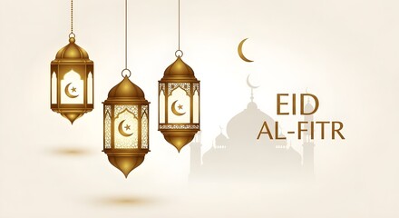 Celebratory lanterns and crescent moon for eid al-fitr festivity
