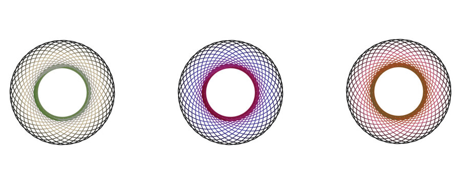 Set of three colorful spirograph circular geometric patterns