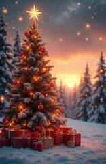 Obraz premium Decorated Christmas tree stands in snowy forest at sunset. Presents are piled beneath branches. Star on top glows, lights twinkle. Winter scene with warm sky.