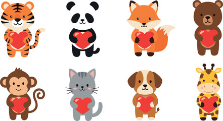 Obraz premium Cute animals holding heart vector set with tiger, panda, fox, bear, monkey, cat, dog and giraffe cartoon illustration
