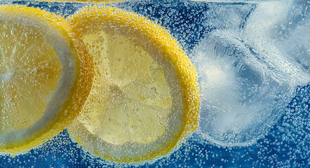A summer drink concept featuring sparkling water macro shot with fresh lemon slices and ice cubes in a glass carbonated beverage with bubbles.
