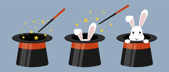 Cute white bunny emerging from a magician s black top hat with wand and sparkling stars. magic rabbit in hat illustration. Bunny coming out of magician hat. Cute magic trick cartoon vector. © brovkoserhii