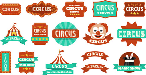 Vintage circus badge and carnival signage collection featuring marquee typography, clown character, magic show elements and big top tent illustrations. Vintage circus badge set. Retro carnival logo © brovkoserhii