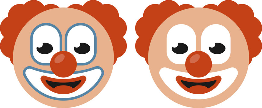 Bright and playful flat vector illustration featuring two smiling clown faces with red noses and orange hair. Colorful cartoon characters isolated on light background, perfect for circus themes, kids