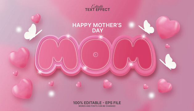 Happy Mother's Day 3D text effect with pink hearts and white butterflies