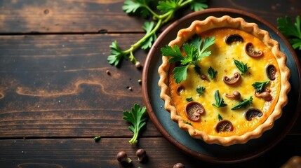 A savory mushroom and cheese quiche, baked in a golden crust, garnished with fresh herbs, rests on a rustic wooden surface.