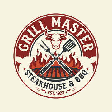 This image features a vintage-style logo for a grill master, showcasing a bull's head, cooking tools, and flames, perfect for steakhouse and BBQ themed designs.
