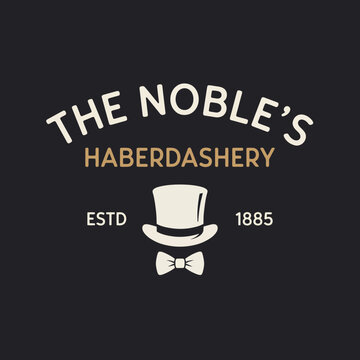 The Noble's Haberdashery logo combines elegance and style, featuring a top hat and bow tie, representing tradition and quality in haberdashery since 1885.