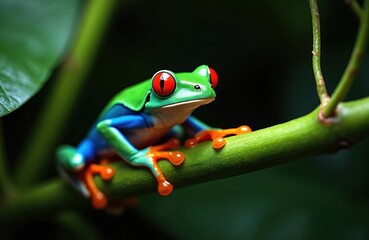 Vivid green red eyed tree frog sits on a thick green branch. Amphibian has bright orange toes and striking red eyes. Its blue belly contrasts with green back in dark jungle.