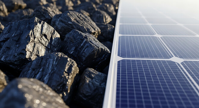Solar panel installation on coal rocks for renewable energy generation outdoors