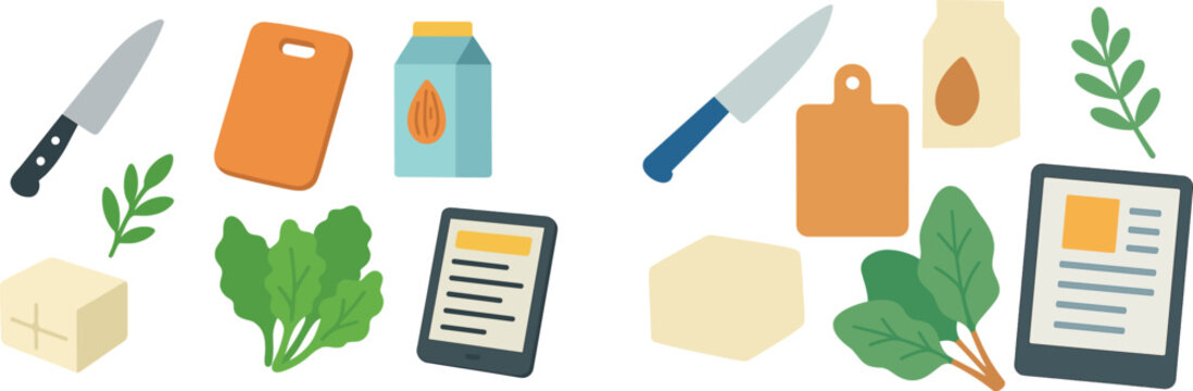 A vibrant layout features a knife, cutting board, almond milk container, tofu block, fresh greens, and a tablet displaying a recipe. This assortment represents meal preparation in a modern kitchen.