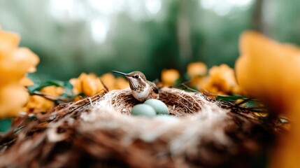 Fototapeta premium A captivating hummingbird is perched protectively over its eggs in a delicately woven nest, surrounded by vibrant yellow flowers in a serene, natural setting that evokes tranquility.