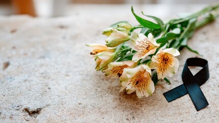 Fototapeta premium A simple yet profound arrangement of delicate flowers alongside a black mourning ribbon on stone, symbolizing remembrance, loss, and the beauty of life and memory.