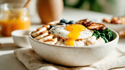A vibrant rice bowl featuring a perfectly cooked poached egg, fresh greens, banana, blueberries, and delicious ingredients, promoting healthy eating and culinary creativity.