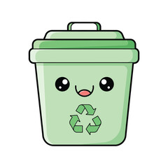 Cartoon green recycling trash can smiling.